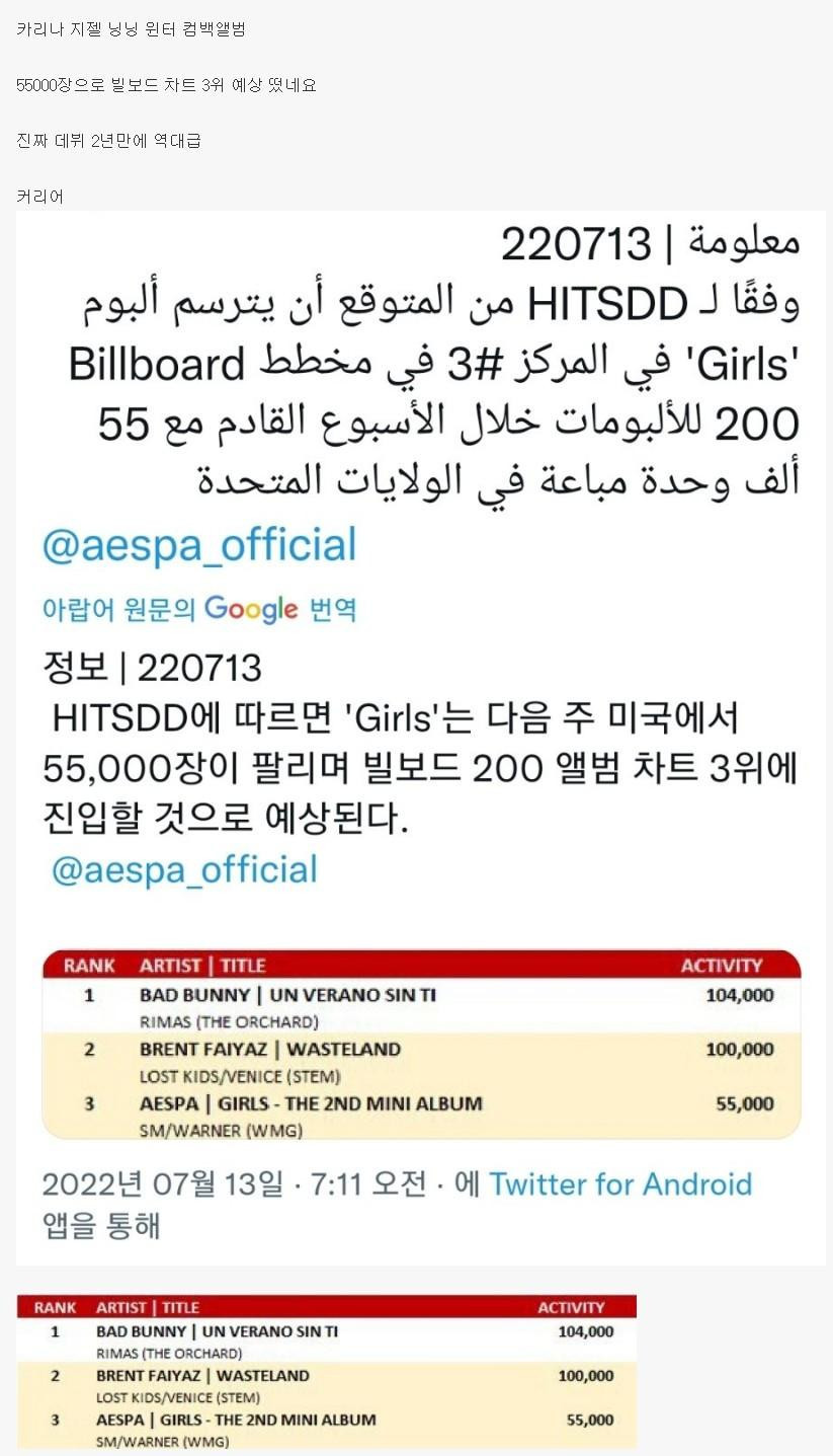 에스파 빌보드 3위 예상 ㄷㄷ