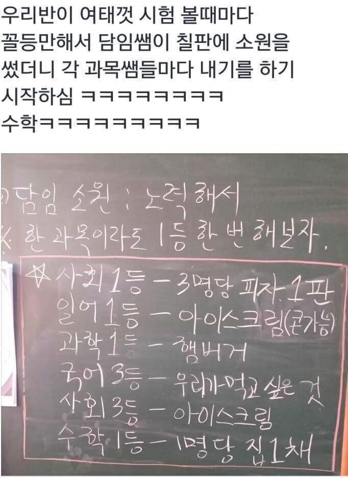 맨날 꼴등하는 반 담임 선생님의 시험 공약