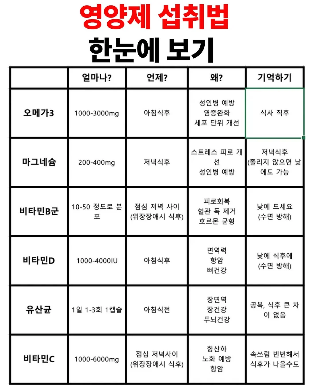 영양제 섭취법 한 눈에 보기