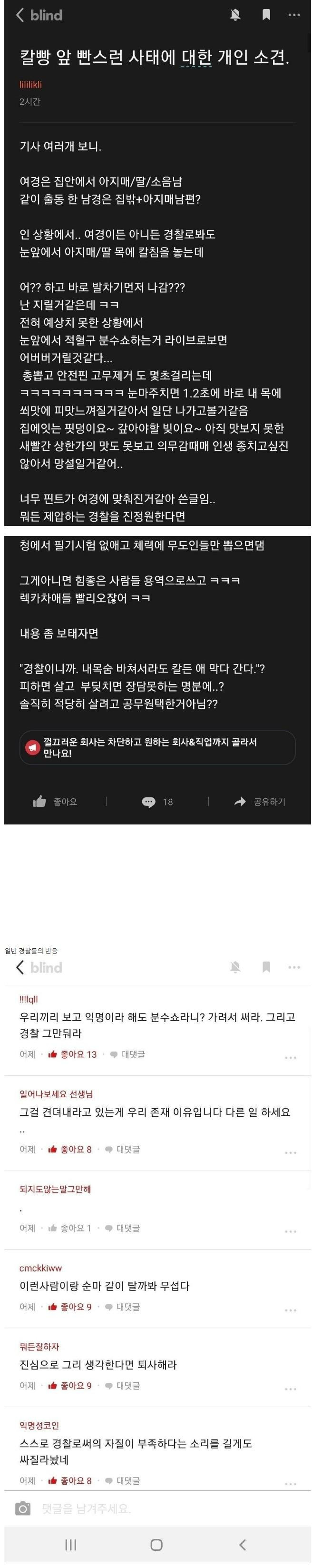 경찰 블라인드에 올라온 여경 실드글