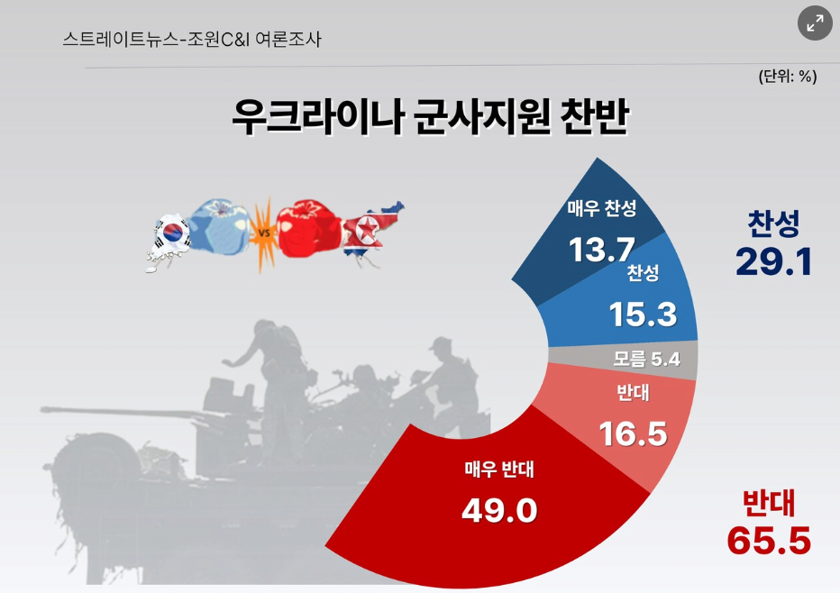 "우크라이나에 살상 무기 지원 반대, 65.5%" 
