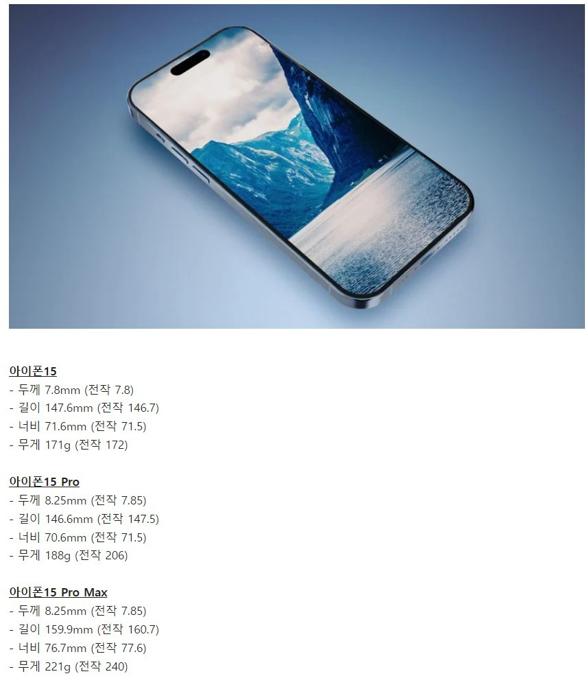 아이폰 15 시리즈 크기 및 무게